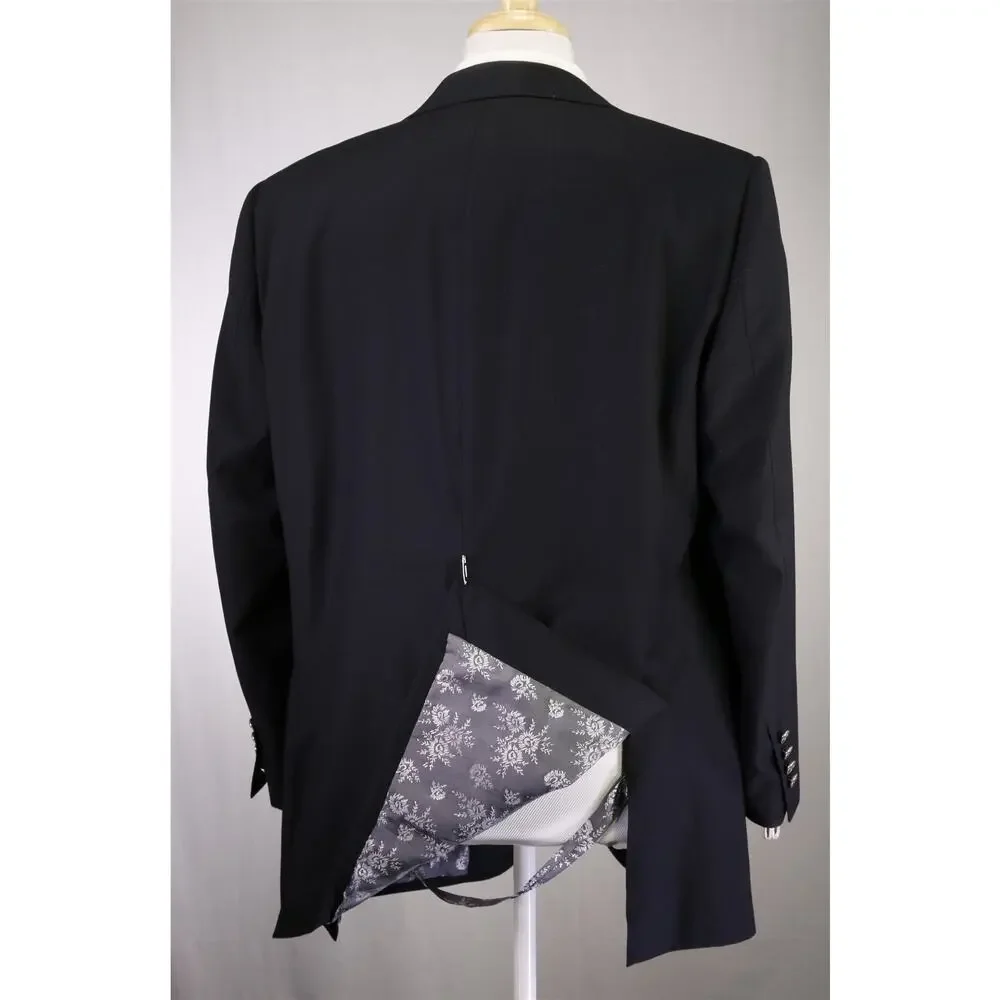 Custom Tailored Bespoke Solid Black 2-Btn Wool Suit 46R
